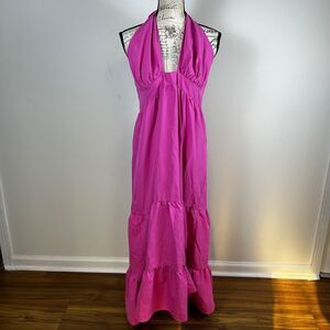 Hot Pink Halter Maxi Dress Womens Tiered Ruffle Backless XL